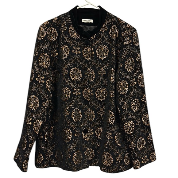 Laura Ashley Black Bronze Tapestry and Velvet Button Up Peacoat Jacket Womens L - Picture 6 of 13